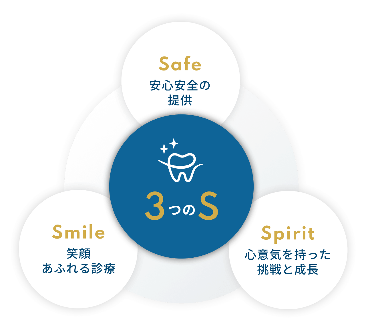 3つのS　Safe：安心安全の提供　Spirit：心意気を持った挑戦と成長　Smile：笑顔あふれる診療